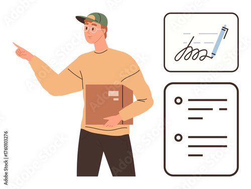 Male delivery worker holds package and points ahead, representing logistics. Pen signing and checklist illustrations highlight documentation and task tracking. Ideal for delivery, logistics