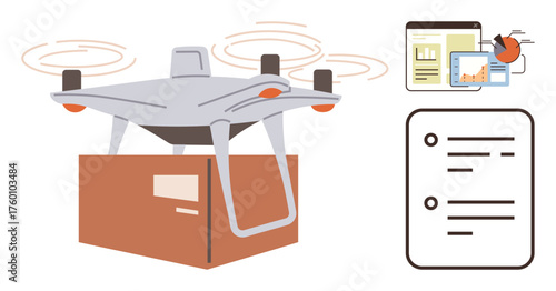 quadcopter carrying a package paired with analytical charts, bar graph, and checklist. Ideal for technology, delivery systems, logistics, business planning, e-commerce, supply chain process