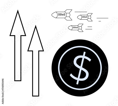 Upward arrows, dollar sign, and DDoS attacks highlight cyber threats affecting financial systems. Ideal for online security, digital finance, hacking, risk management, cybercrime, technology impact