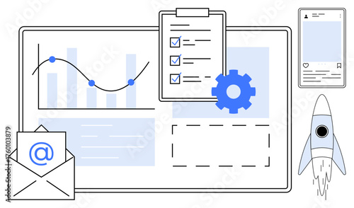 Graph with data points, checklist on clipboard, email icon, smartphone, rocket, and gear. Ideal for productivity, workflow digital marketing technology startup strategy innovation. Simple flat
