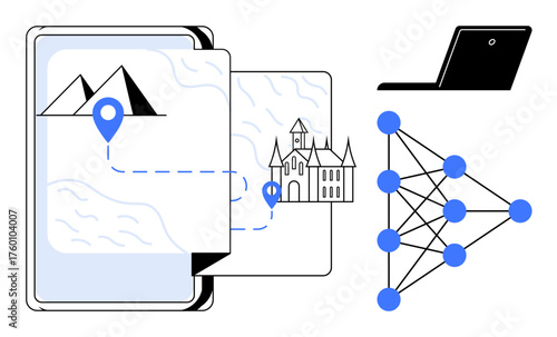 Tablet with map, location pin, and castle, laptop nearby, connected nodes reflecting AI network. Ideal for technology, travel, AI innovation navigation connectivity education. Simple flat