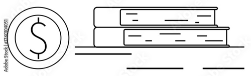 Stack of books beside a dollar sign representing education costs, investment in knowledge, or value of learning. Ideal for education, finance, career growth, economics, training, budgeting simple