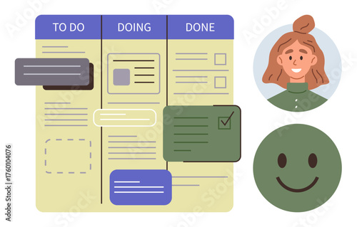 Kanban-style task board with columns labeled To Do, Doing, and Done, accompanied by a smiling woman and a happy face. Ideal for productivity, teamwork, workflow, planning, organization goal setting