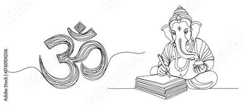 One continuous line drawing of Lord Ganesha writing with the Om symbol for Ganesh Chaturthi.