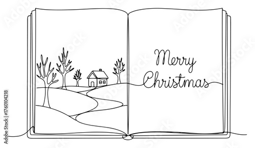 One continuous line drawing of an open book with a Christmas story. Winter landscape vector illustration.