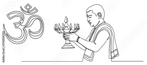 One continuous line drawing of a Hindu priest performing Aarti pooja with a diya lamp.