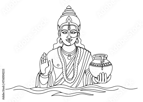 Water Deity with Pot — Black Vector Line Art Illustration