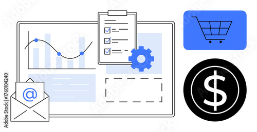 Charts, email icon, clipboard, gear, cart, and dollar sign emphasize data analysis, e-commerce, and communication. Ideal for business growth marketing productivity finance e-commerce strategy