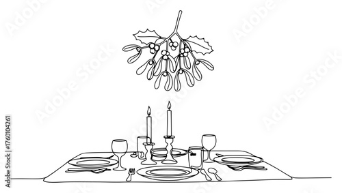 Christmas dinner table setting with candles and mistletoe minimalist line art vector