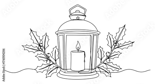 Lantern with candle and holly Christmas decoration minimalist line art vector