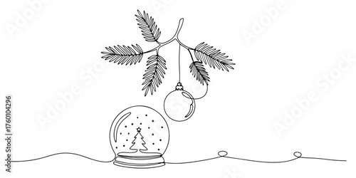 Snow globe and hanging bauble on pine branch minimalist Christmas line art vector