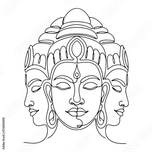 Hindu Trimurti three-faced deity minimalist line art vector