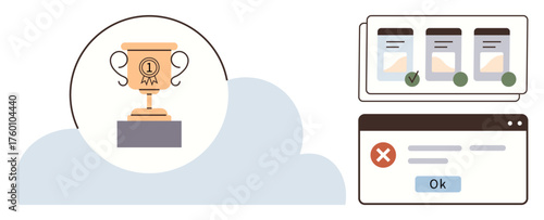 Golden trophy on a podium, task interface with check marks, and error message notification. Ideal for success, productivity, achievement, progress, goal setting, task management simple flat metaphor