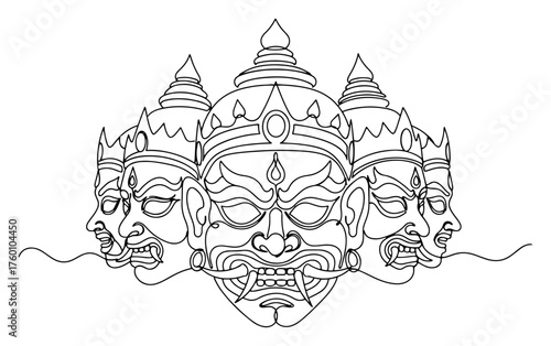 One continuous line drawing of Ravana with ten heads. Dussehra festival Hindu mythology vector illustration.