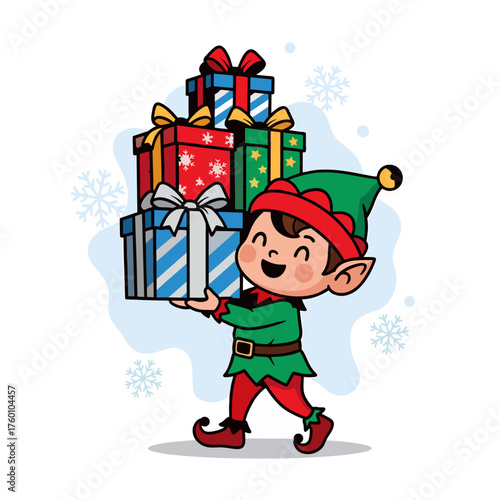 Cute Christmas Elf Carrying Stack of Presents