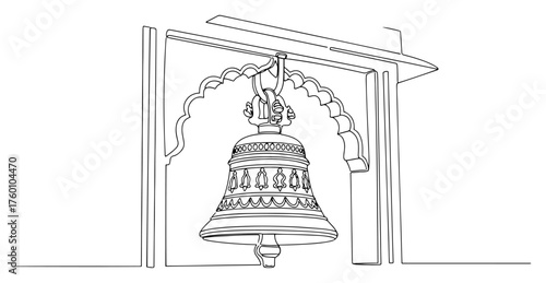 One continuous line drawing of a Hindu temple bell. Ghanti symbol of Indian culture vector illustration.