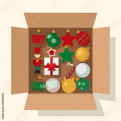 Open Cardboard Box Filled with Christmas Ornaments and Decorations