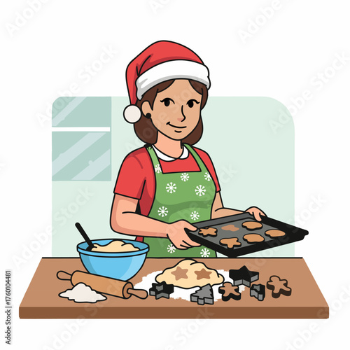Woman in Santa Hat Baking Christmas Cookies