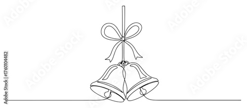 One continuous line drawing of Christmas jingle bells with a bow. Holiday decoration minimalist vector illustration.