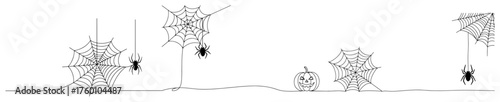 Halloween spider web border — black line art vector with hanging spiders and pumpkin