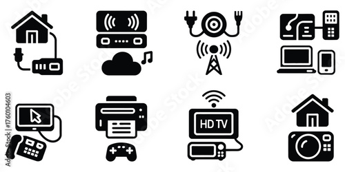 Network Home Icon Collection – Black Style Vector Symbols for Wi-Fi, Routers, Devices, and Smart Tech