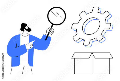 Person inspects a large gear with a magnifying glass, pointing toward it. Open box nearby. Ideal for research, innovation, problem-solving, analysis, exploration engineering discovery. Simple flat
