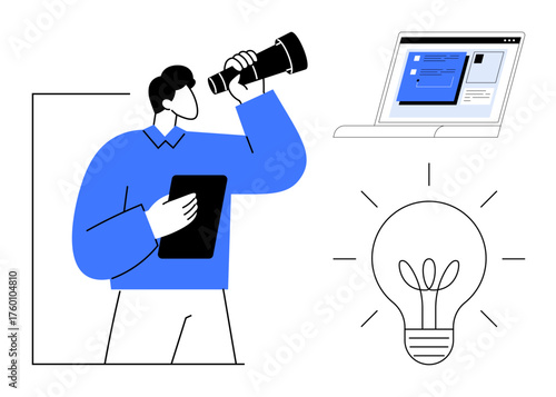 Man holding tablet, using telescope for exploration. Laptop and glowing lightbulb represent idea generation. Ideal for creativity, innovation, problem-solving, strategy, research, discovery simple
