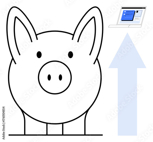 Piggy bank, upward arrow, and laptop representing financial growth, online savings, investment tools, economic success, personal finance, digital banking, simple flat metaphor