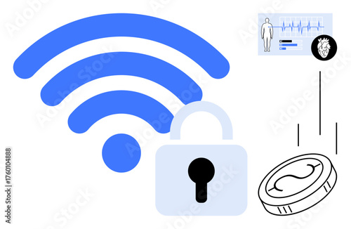 Blue wireless signal, a padlock, health monitoring card with vitals and heart, wearable device. Ideal for technology, healthcare, cybersecurity, Internet of Things, data privacy encryption