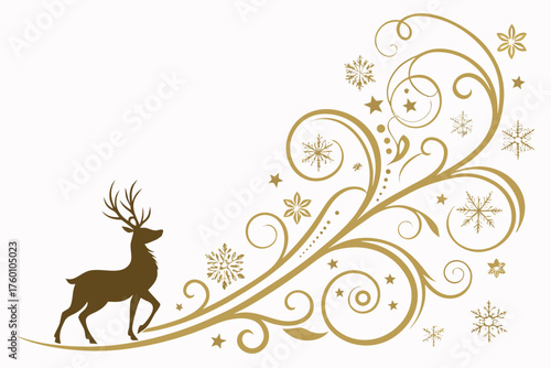 Graceful golden silhouette of a reindeer with a flowing swirl border, stylized snowflakes, and stars, ideal for festive design.