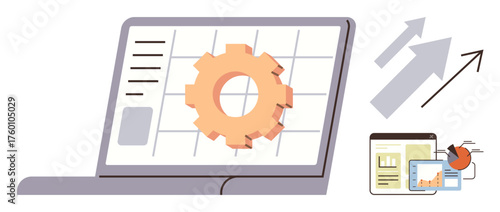 Laptop screen with a gear metaphor over a grid, upward arrows, and various data charts emphasizing efficiency, growth, and performance tracking. Ideal for analytics, tech, strategy, research