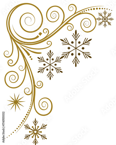 Festive golden swirl corner with intricate filigree details, layered snowflakes, and radiant sparkles