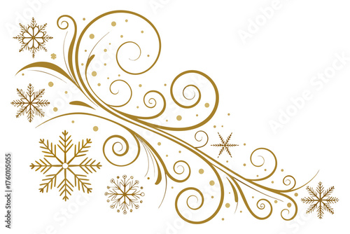Golden swirl pattern forming an elegant upper corner, decorated with large detailed snowflakes and scattered dots, giving a subtle sparkle effect on a white background.