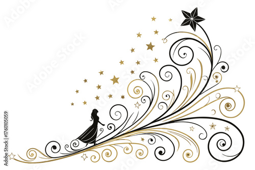 Elegant black and gold ornamental corner swirl with scattered stars and a female silhouette walking on the dynamic upward motion spark trail.