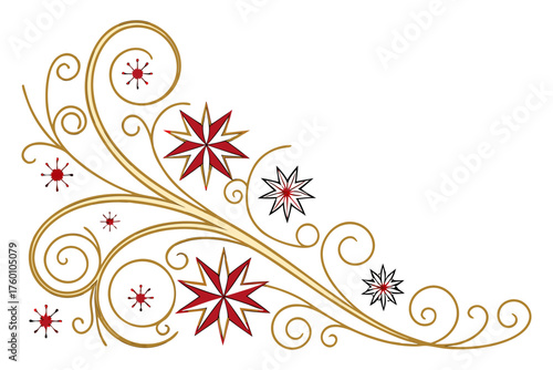 Graceful golden border corner with elegant curls, shooting stars, and small red snowflake accents integrated throughout, forming a dynamic comet-like curve.