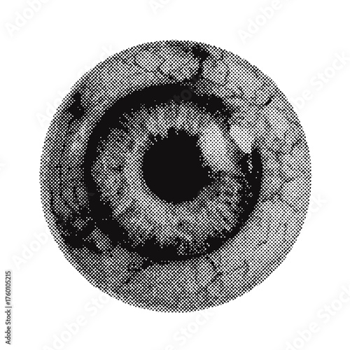 Modern grunge halftone effect halloween eyeball design element. trendy gritty montage design icon