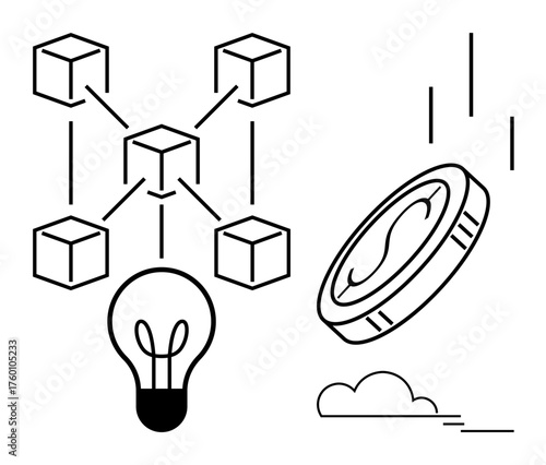 Linked cubes symbolize blockchain, a coin signifies digital currency, a light bulb represents innovation, and a cloud hints at scalability. Ideal for blockchain, fintech, digital rewards, innovation
