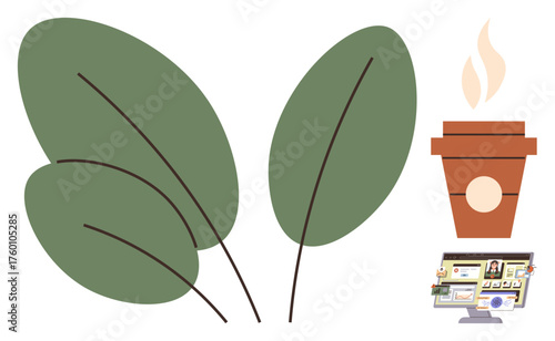 Large green leaves, steaming coffee cup, and a desktop setup symbolize work-life balance, creativity, and relaxation. Ideal for productivity, focus, sustainability, eco-living wellness simplicity