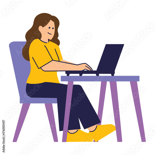Focused woman works on laptop at desk, a young professional embracing digital efficiency for success, creating content, remote working, and modern communication