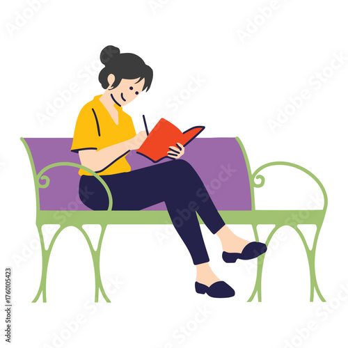 Creative young woman journaling on park bench, capturing thoughts in her notebook, finding inspiration in nature, reflecting on life's journey, seeking peace and mindfulness