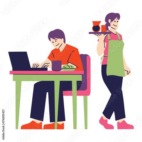 Modern business owner working on laptop while waitress serves coffee, simple vector art, supporting local cafes and entrepreneurs, illustrating work life balance, startup culture