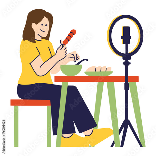 Cheerful woman food blogging in her kitchen, sharing recipes and cooking tips, social media influencer creating content, connecting with audience, engaging, vector art