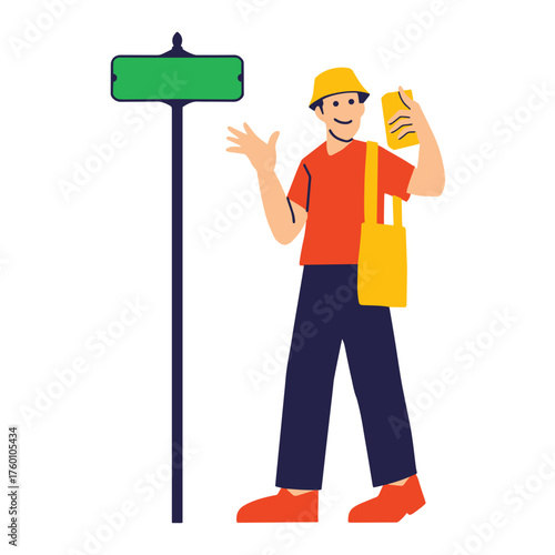 Cheerful tourist consults map near a street sign, ready for adventure and exploration, perfect for travel blogs, tourist guides, and modern city life promotions