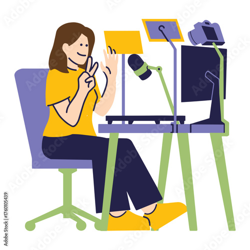 Cheerful woman streaming online, creating content with camera, monitor and microphone, connecting with audience, perfect for social media promotions and modern lifestyle blogs
