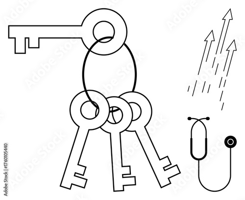 Four keys on a single ring, simple upward-pointing arrows, and a paperclip concept with sleek lines. Ideal for access, security, growth, simplicity, organization direction progress. A simple flat