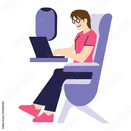 Woman working on laptop during flight, embracing the digital nomad lifestyle, perfect for travel blogs, remote work promotions, and modern aviation content