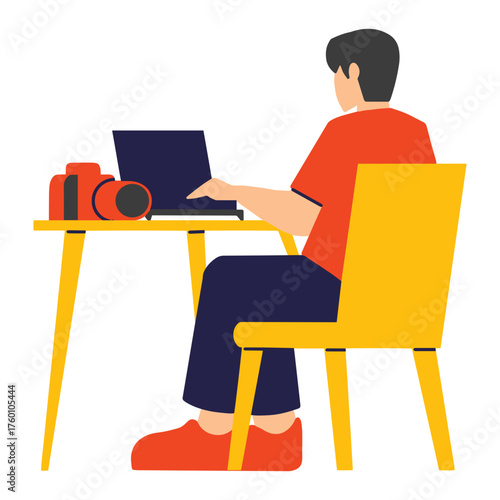 Photographer edits photos on laptop at modern yellow desk with camera, stylish creative workspace, perfect for showcasing creative work, design and digital lifestyle