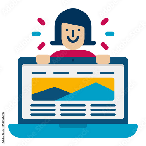 Cheerful woman presenting website on laptop, symbolizing digital marketing success, online presence, and creative design, ideal for tech startups and modern business concepts