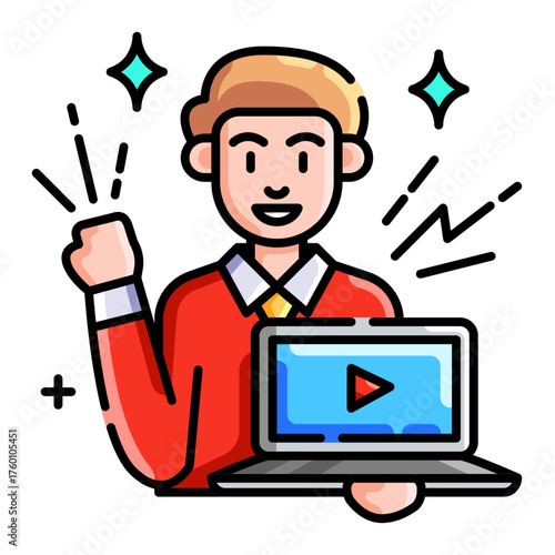 Celebrate Streaming Success a cheerful man holding a laptop with a play button, the icon style conveys energy and achievement,perfect for marketing campaigns, and educational content