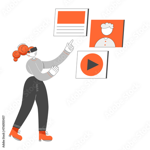 Stylish woman exploring immersive virtual reality, engaging with digital content, and experiencing future technologies in a modern, sleek interface, for innovative concepts